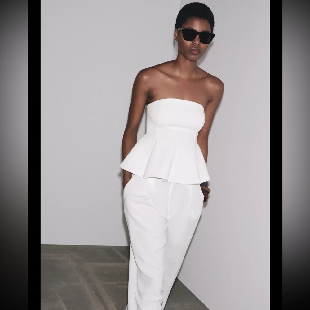 Zara White Strapless Interlock Peplum Top